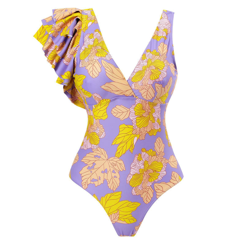 Traje de baño de una pieza con estampado de hojas con volantes irregulares en contraste 