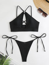 Maillot de bain bikini uni à nouer et anneau en O creux dans le dos croisé 