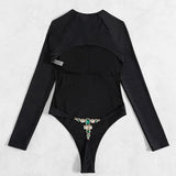 Stone decor long sleeve solid backless one piece swimwear