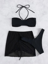 Maillot de bain 3 pièces dos nu en maille avec cordon de serrage léopard 