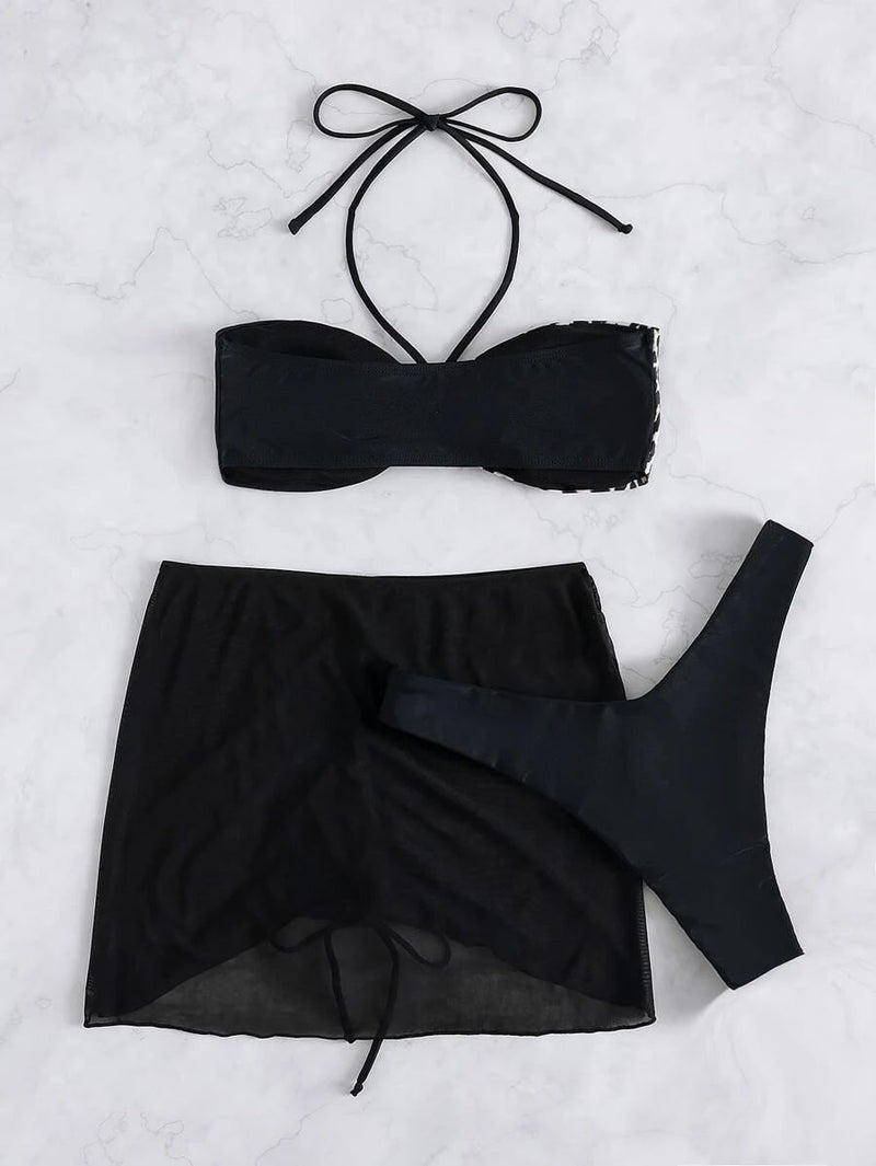 Maillot de bain 3 pièces dos nu en maille avec cordon de serrage léopard 