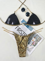 Traje de baño bikini estilo halter con anilla en O y cadena de metal sólido 