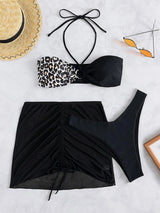 Maillot de bain 3 pièces dos nu en maille avec cordon de serrage léopard 