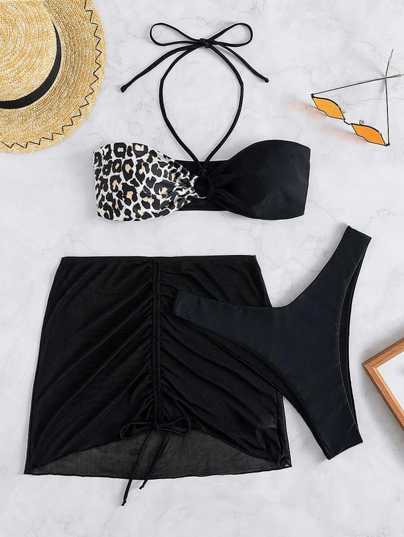 Maillot de bain 3 pièces dos nu en maille avec cordon de serrage léopard 