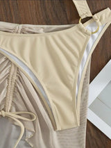 Traje de baño de 3 piezas con cordón ajustable, malla sólida, cuello en U y anillo en O 