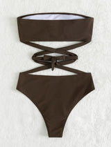 Traje de baño bikini de tubo con relleno y lazo cruzado en la parte delantera 