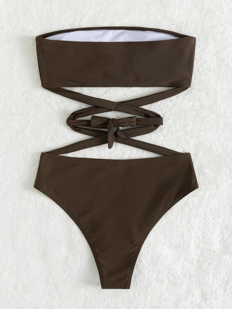 Traje de baño bikini de tubo con relleno y lazo cruzado en la parte delantera 