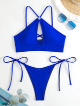 Maillot de bain bikini uni à nouer et anneau en O creux dans le dos croisé 