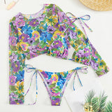 Maillot de bain 3 pièces à manches longues et col licou contrasté avec motif floral en maille 