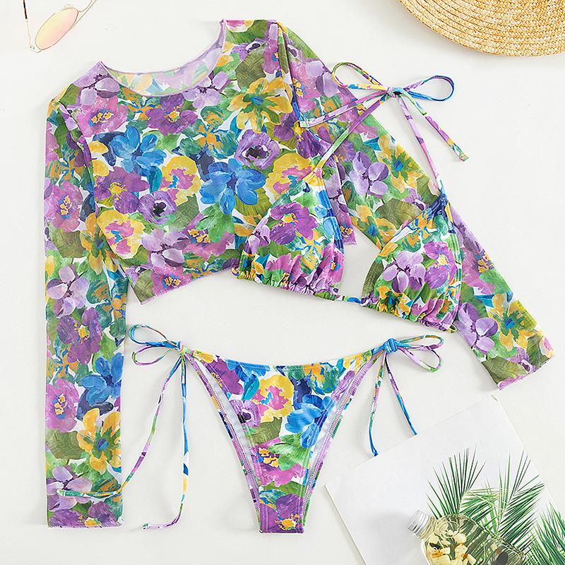 Maillot de bain 3 pièces à manches longues et col licou contrasté avec motif floral en maille 