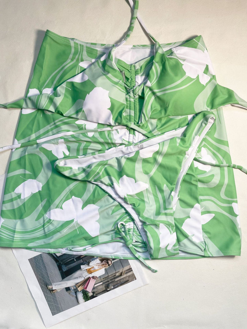 Maillot de bain 3 pièces à imprimé papillon contrasté, dos nu croisé avec cordon de serrage 