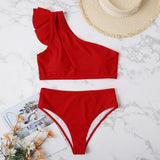 Maillot de bain bikini asymétrique à volants et découpes irrégulières et solides 
