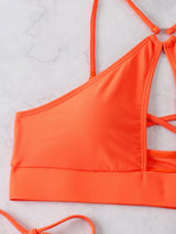 Maillot de bain bikini uni à nouer et anneau en O creux dans le dos croisé 