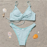 Maillot de bain bikini dos nu uni rembourré avec boucle à nouer dans le col en V 