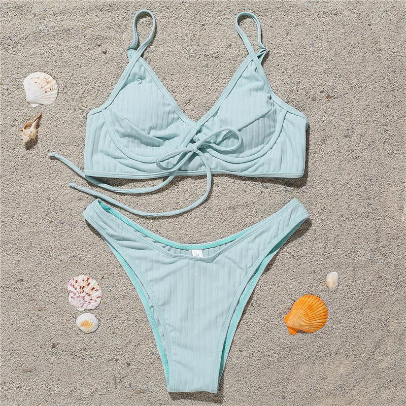 Maillot de bain bikini dos nu uni rembourré avec boucle à nouer dans le col en V 