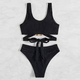 Maillot de bain bikini uni à col en V et appliques métalliques 