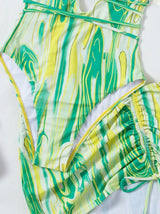 Traje de baño de una pieza con espalda cruzada y cordón ondulado con falda de playa 