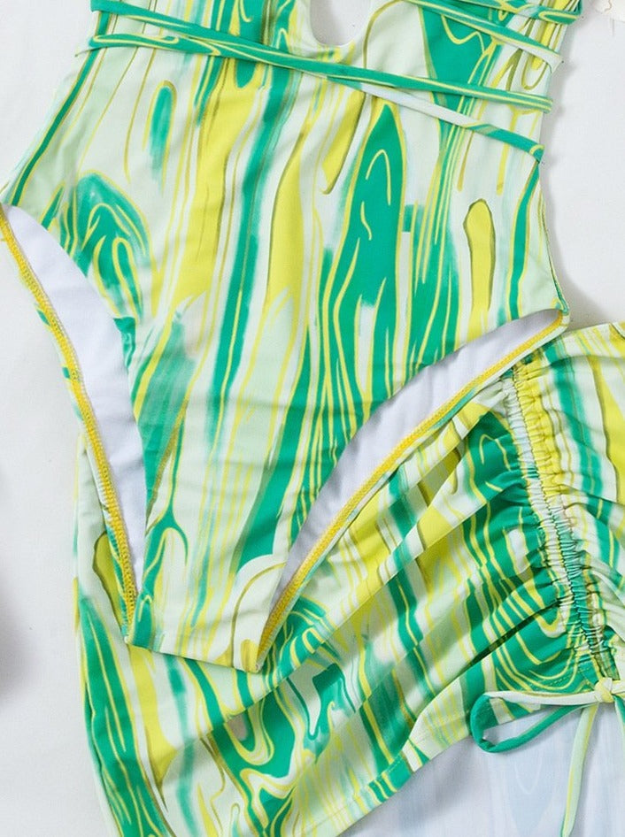 Traje de baño de una pieza con espalda cruzada y cordón ondulado con falda de playa 