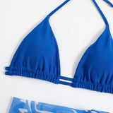 Traje de baño de 3 piezas de malla con espalda descubierta y estampado de contraste ondulado 