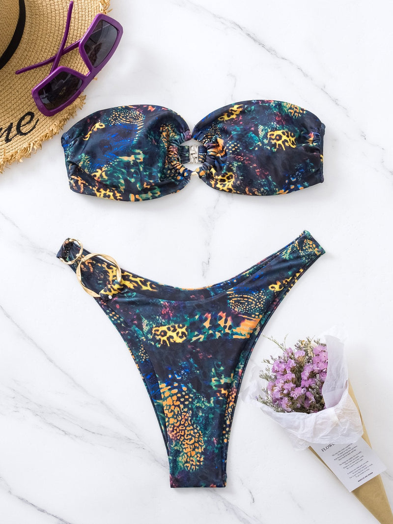 Traje de baño bikini de tubo con relleno y estampado en contraste 