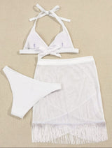 Maillot de bain 3 pièces dos nu à nouer et à pompons 