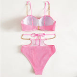 Traje de baño bikini liso con botones y cadena metálica acolchada y lazo 
