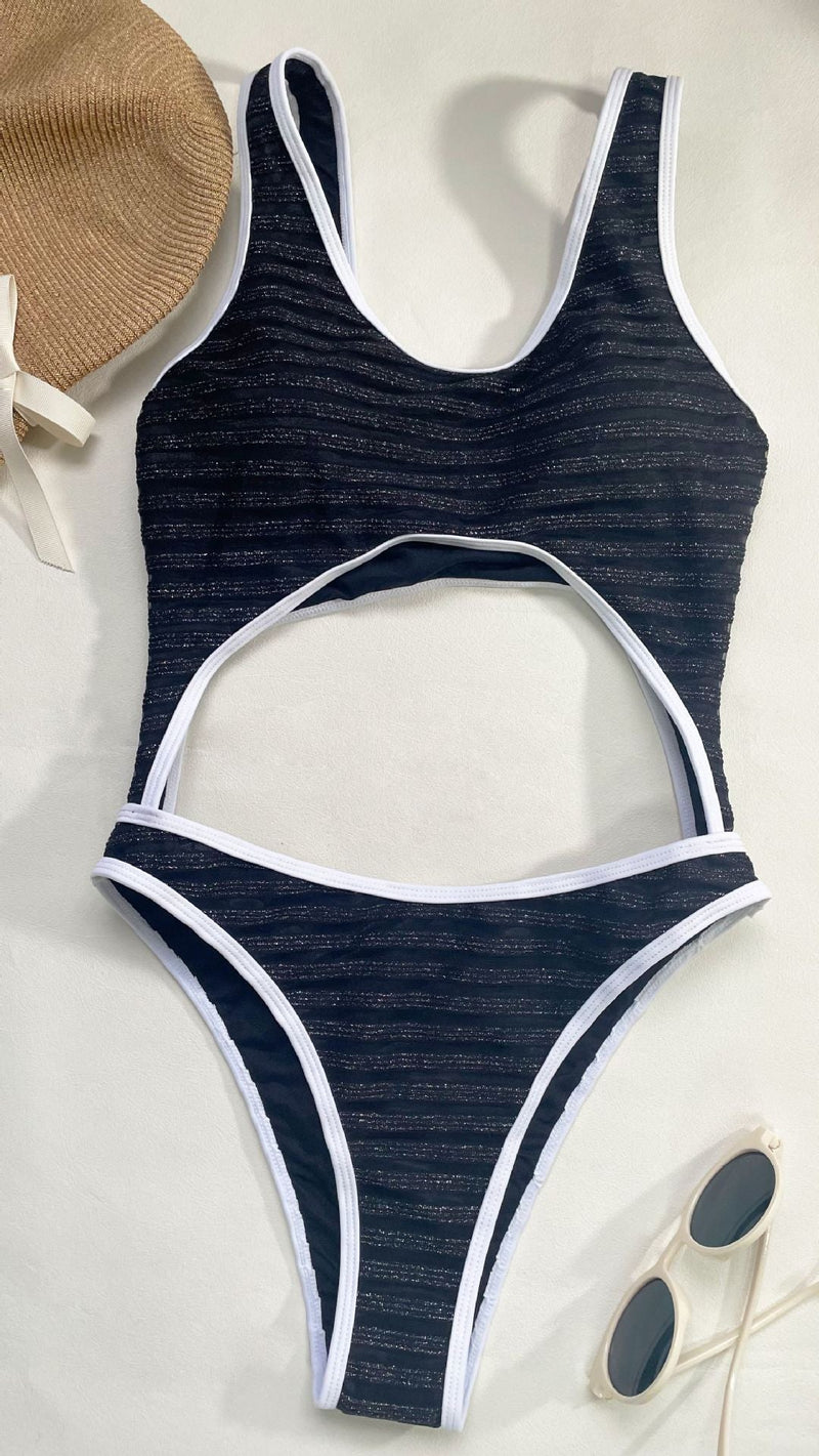 Maillot de bain une pièce sans manches à rayures contrastées et ajourées 