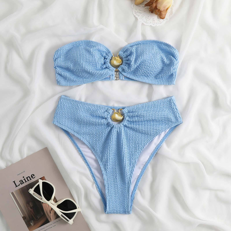 Maillot de bain bikini tube à boutons et dos nu texturé avec appliques métalliques 