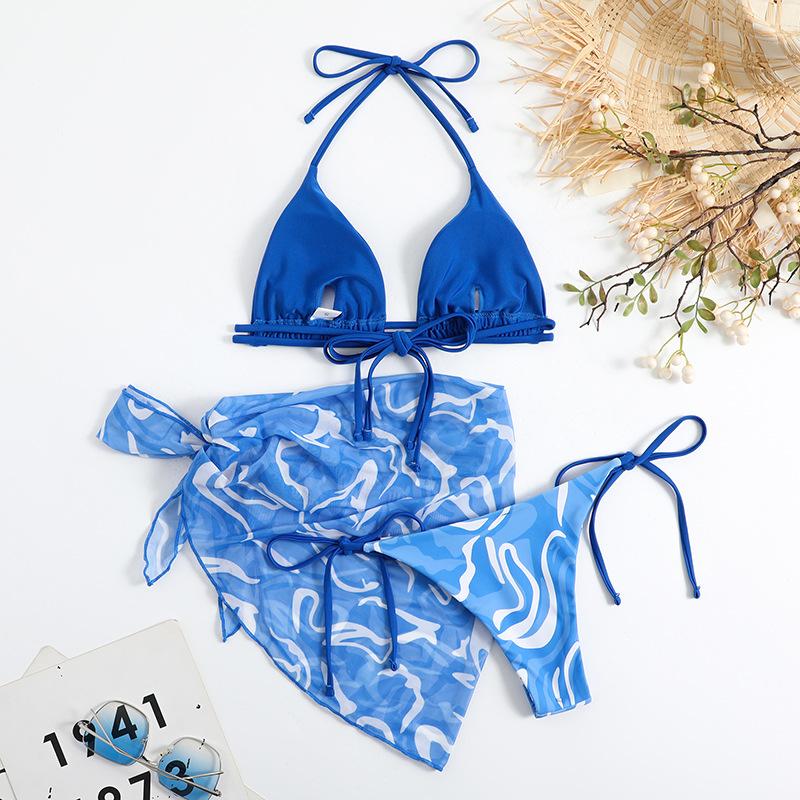 Traje de baño de 3 piezas de malla con espalda descubierta y estampado de contraste ondulado 
