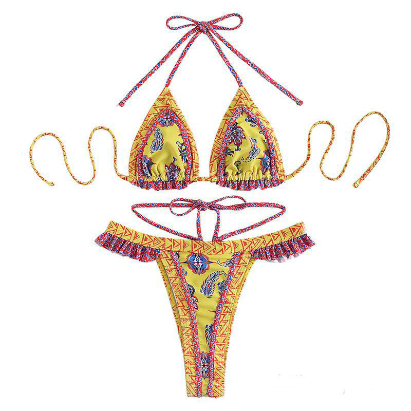 Traje de baño bikini con espalda descubierta, fruncido y lazo en contraste 