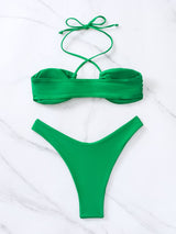 Maillot de bain bikini à licou solide avec anneau en O et attache en métal 