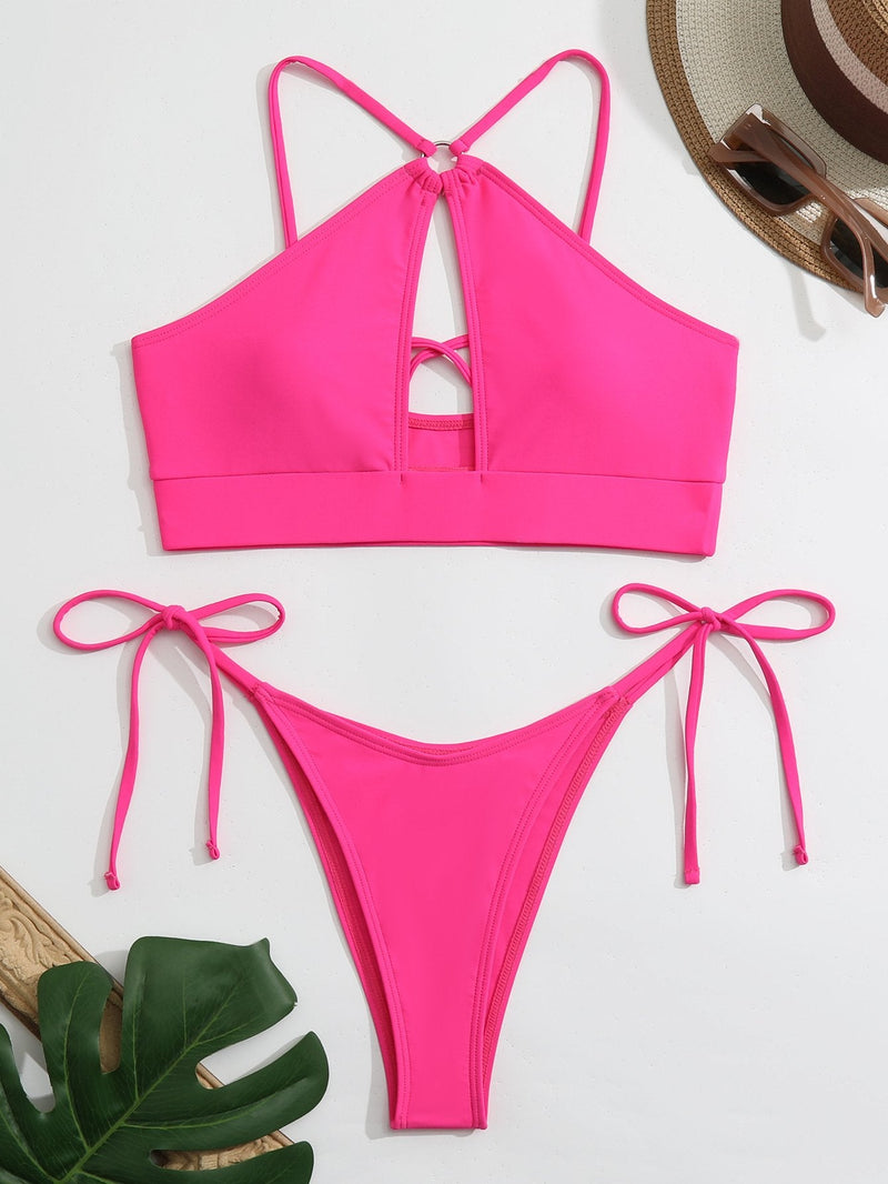 Maillot de bain bikini uni à nouer et anneau en O creux dans le dos croisé 