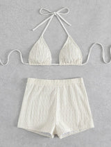 Traje de baño bikini con espalda descubierta, tirantes finos y textura tipo halter 