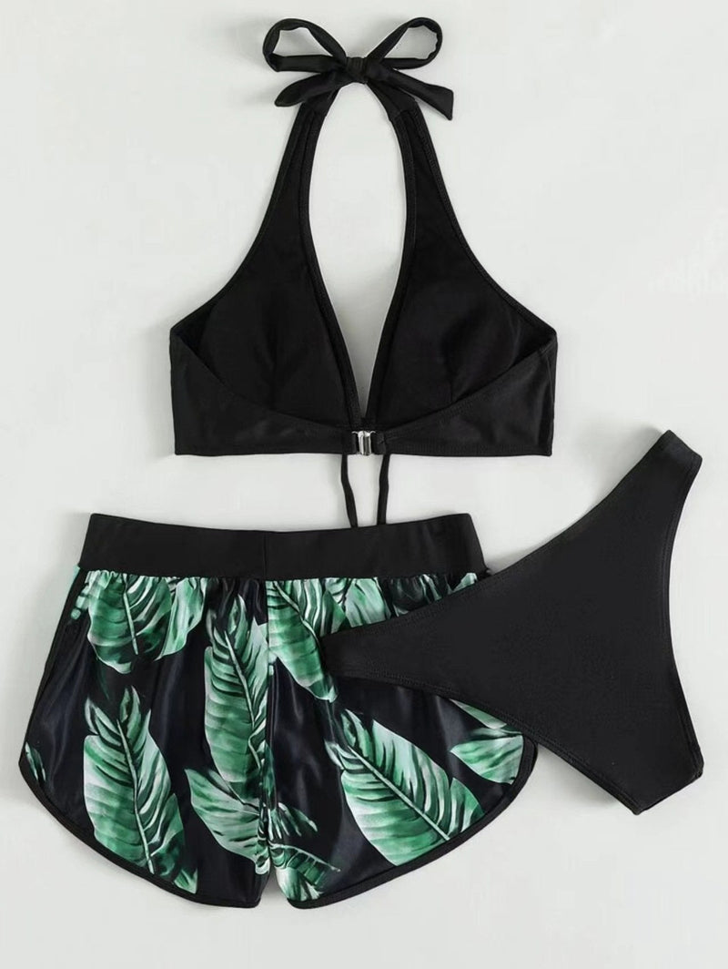 Maillot de bain 3 pièces à col en V et boutons contrastés, dos nu 