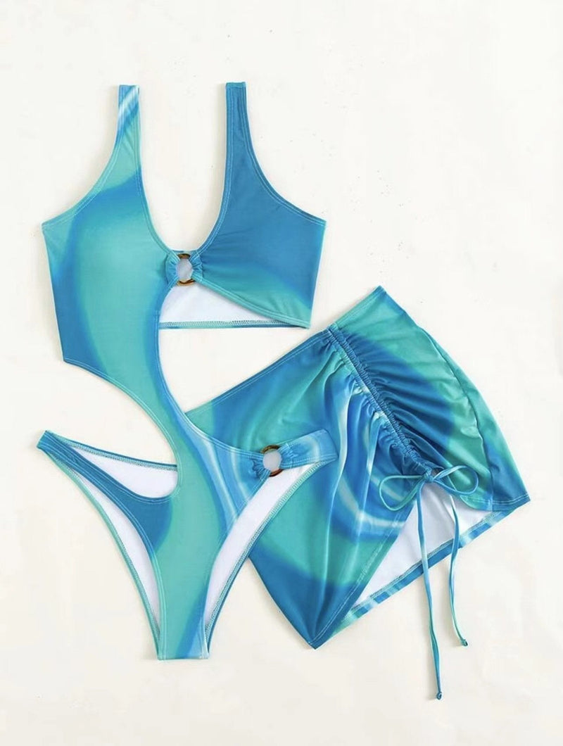 Maillot de bain une pièce à cordon de serrage contrasté avec anneau en O creux et mini-jupe 