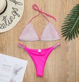 Traje de baño bikini con cuello en V, espalda descubierta y lazo en contraste 
