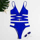 Maillot de bain bikini ajouré à dos croisé et boutons solides à col en V 