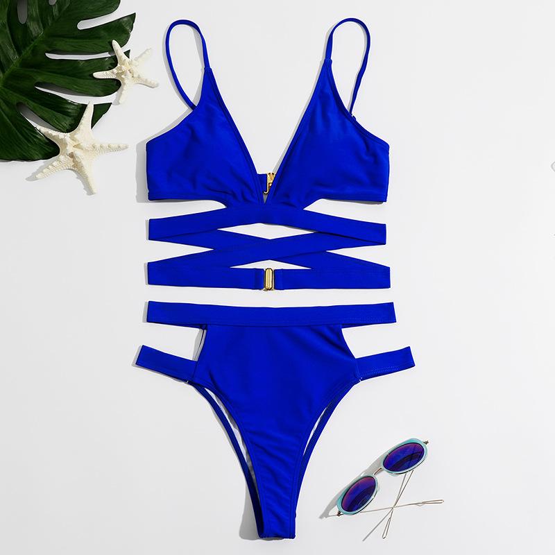 Maillot de bain bikini ajouré à dos croisé et boutons solides à col en V 