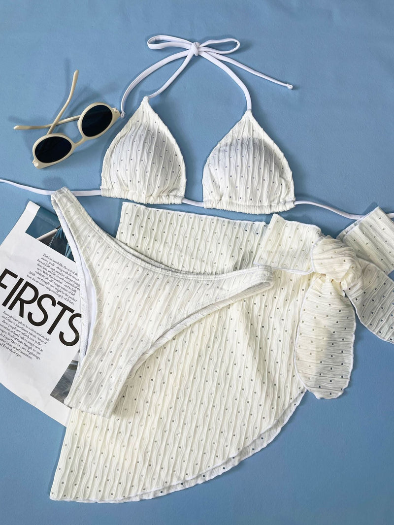Maillot de bain 3 pièces rembourré texturé à nouer soi-même et à licou uni 