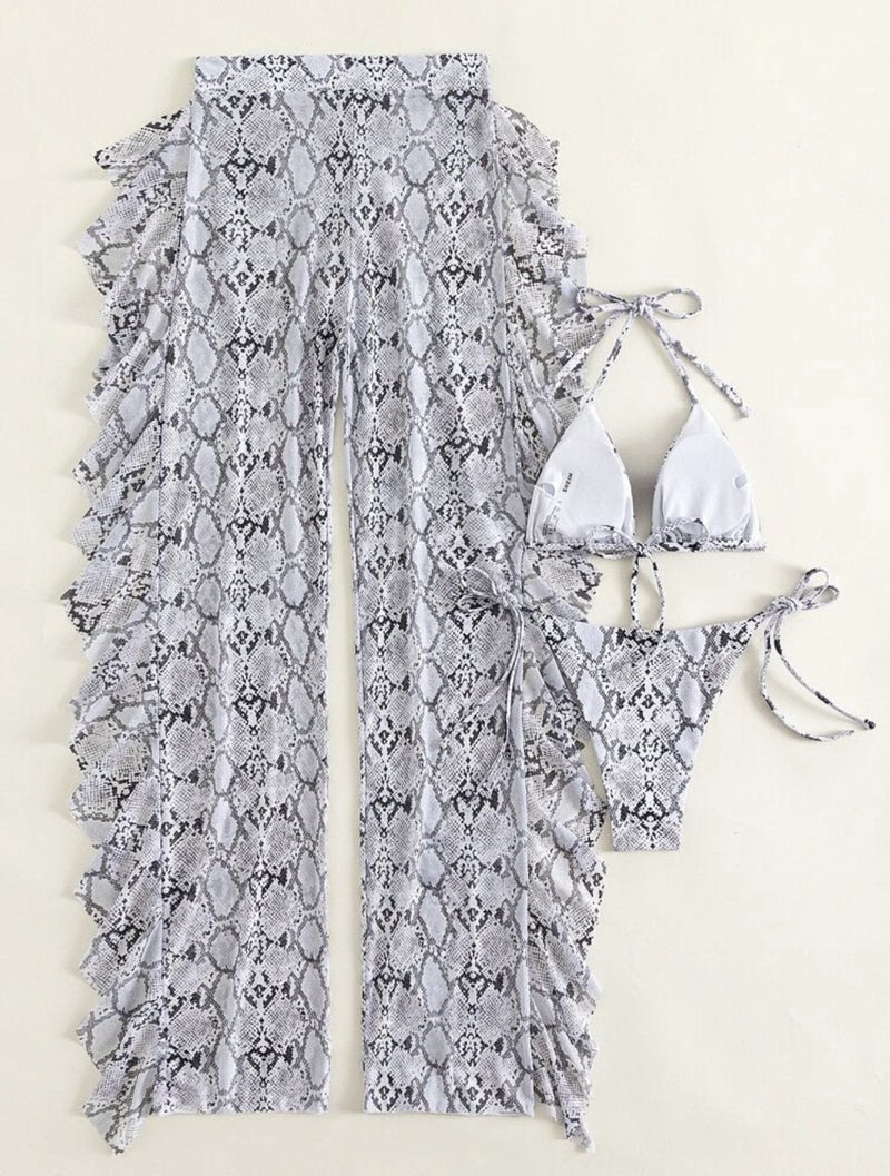 Maillot de bain 3 pièces en maille à volants en peau de serpent, licou, pantalon à nouer soi-même 