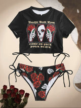 Traje de baño bikini de manga corta con cordón ajustable y estampado de flores y calaveras en contraste 