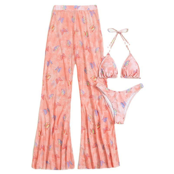 Traje de baño de 3 piezas con pantalón halter fruncido y estampado de mariposas de malla 