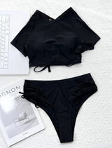 Maillot de bain bikini à manches courtes et cordon de serrage uni 