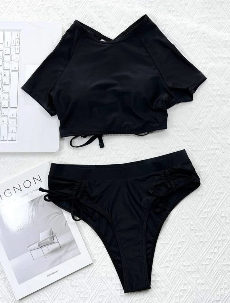 Maillot de bain bikini à manches courtes et cordon de serrage uni 
