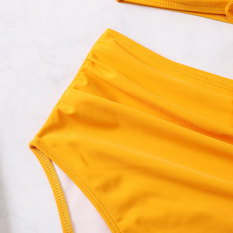 Traje de baño bikini fruncido liso con cordón ajustable y mangas cortas con volantes acolchados 