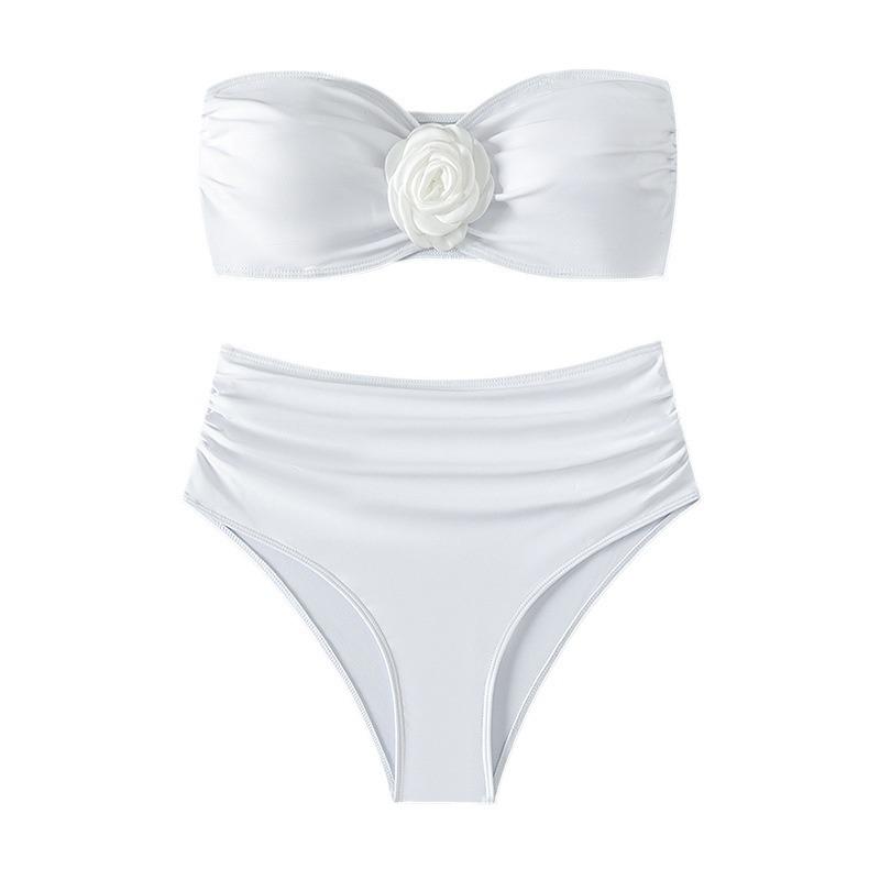 Maillot de bain bikini tube froncé à appliques florales 