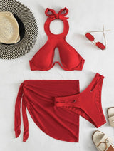 Maillot de bain 3 pièces uni à licou et à nouer soi-même 