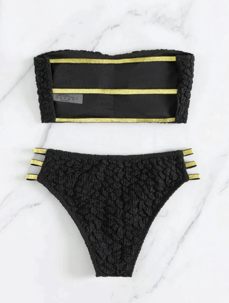 Traje de baño bikini de tubo ahuecado con contraste de textura sólida 