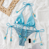 Traje de baño bikini sin espalda con cuello halter fruncido liso y lazo anudado 