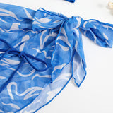 Traje de baño de 3 piezas de malla con espalda descubierta y estampado de contraste ondulado 